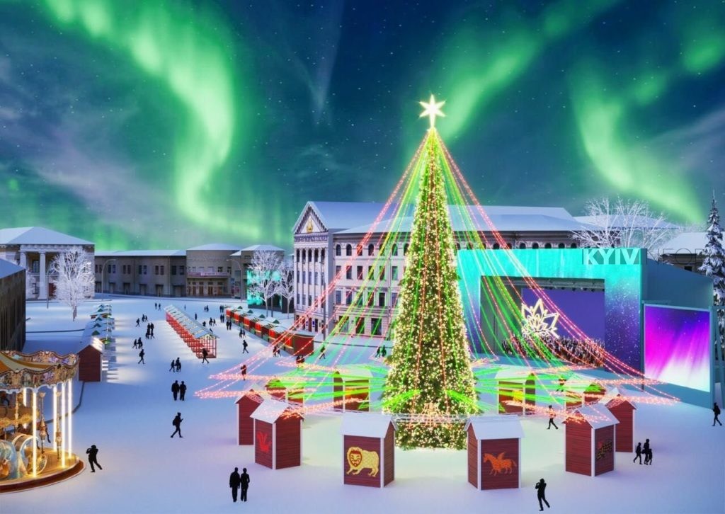 На Контрактовій площі почали встановлювати новорічну ялинку